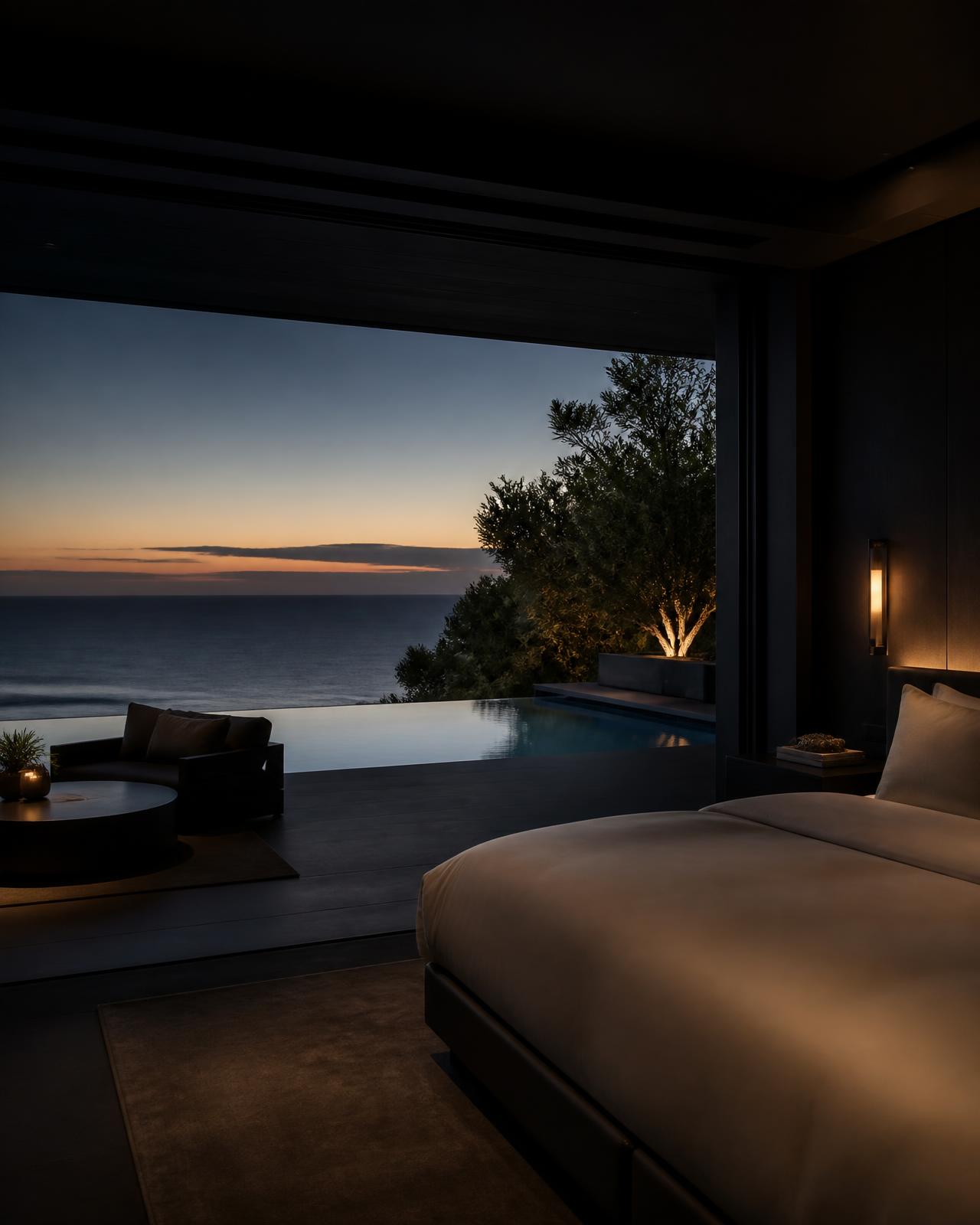 Private oceanfront suite at dusk — a Noir Destinations setting